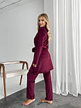 Жіночий домашній комплект трійка халат , штани та топ бордового кольору, фото 4