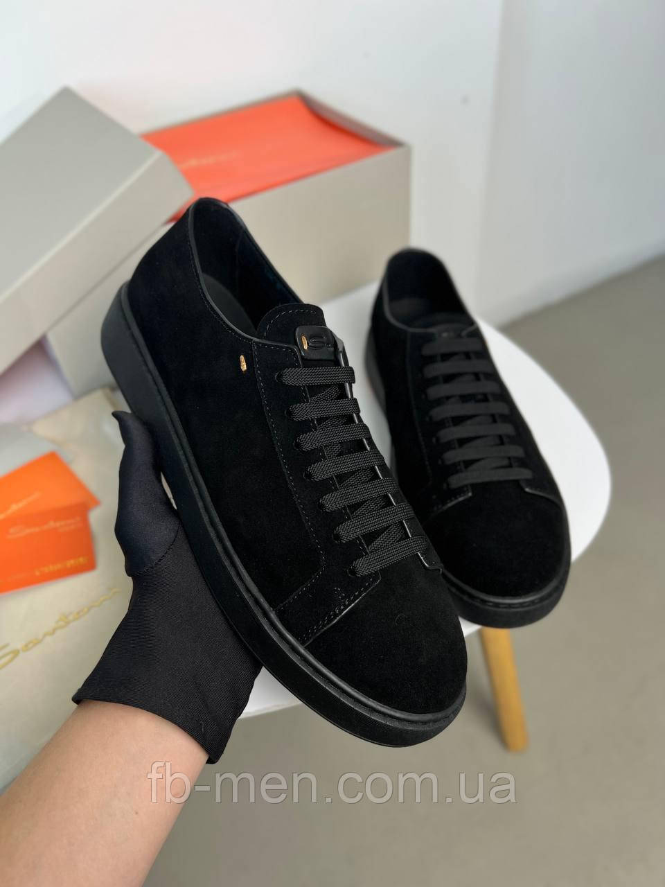 Кросівки Santoni Black з натуральної замші чорні преміальна якість, фото 1