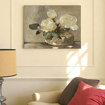 Картина «Білі троянди у вазі» Репродукція натюрморт Класичний живопис Друк на полотні настінний декор для дому 60х46см