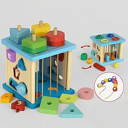 Дерев’яна розвивальна іграшка — куб-сортер з геометричними фігурками