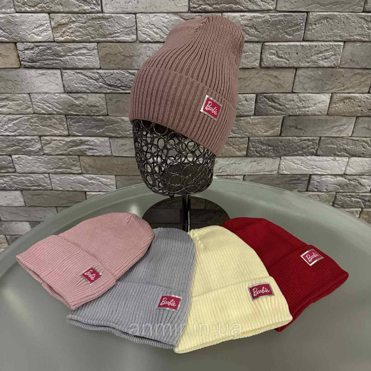 Шапка зимова дитяча в'язка на флісі BARBIE розмір 50-54, кольору міксом