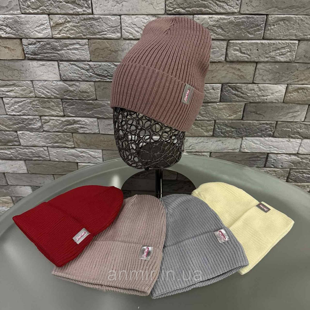 Шапка зимова дитяча в'язка на флісі BARBIE розмір 50-54, кольору міксом