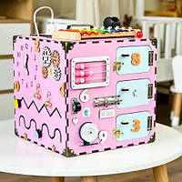 Бізікуб рожевий 30х30х30 дерев'яний Бізіборд для дітей дівчинки Іграшка для розвитку моторики дитини Монтессор