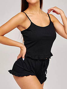 Піжамний комплект Аліна жіноча в рубчик домашній набір для сну майка шортики з рюшами чорний S