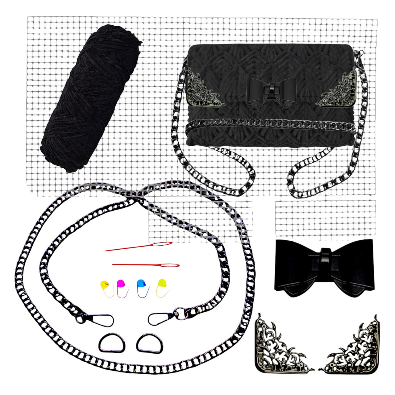 Канва +Нитки чорніі+ Замок Бантік + Кутки для клапана №6 + Ручка-ланцюжок чорного кольору Набір для сумки з канви, фото 1