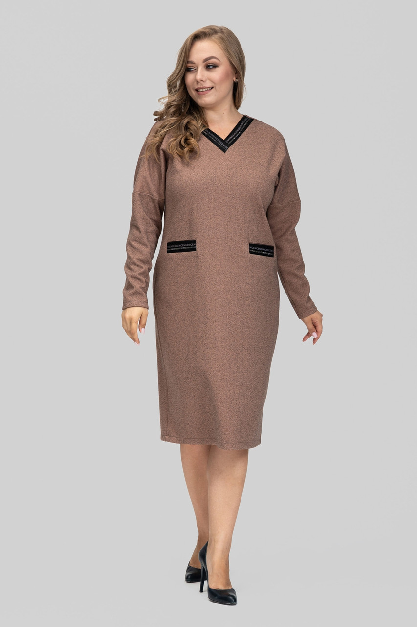 Сукня жіноча трикотажна Лана великого розміру 50-60 з кишенями осінньо-зимова ошатна повсякденна пудрова, фото 1