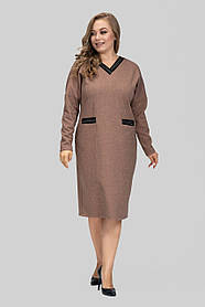 Сукня жіноча трикотажна Лана великого розміру 50-60 з кишенями осінньо-зимова ошатна повсякденна пудрова