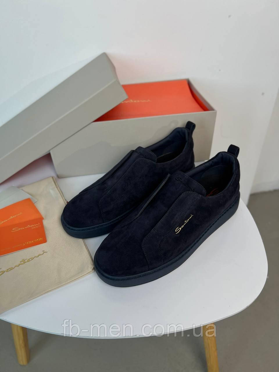 Сліпони Santoni без шнурівки темно-сині чоловічі мокасини туфлі, фото 1