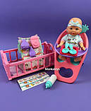 Пупс з ліжечком та стільчиком для годування 9933 A-8 висота 28 см, аксесуари, в коробці, фото 3