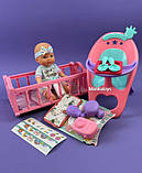Пупс з ліжечком та стільчиком для годування 9933 A-8 висота 28 см, аксесуари, в коробці, фото 2