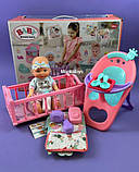 Пупс з ліжечком та стільчиком для годування 9933 A-8 висота 28 см, аксесуари, в коробці, фото 4