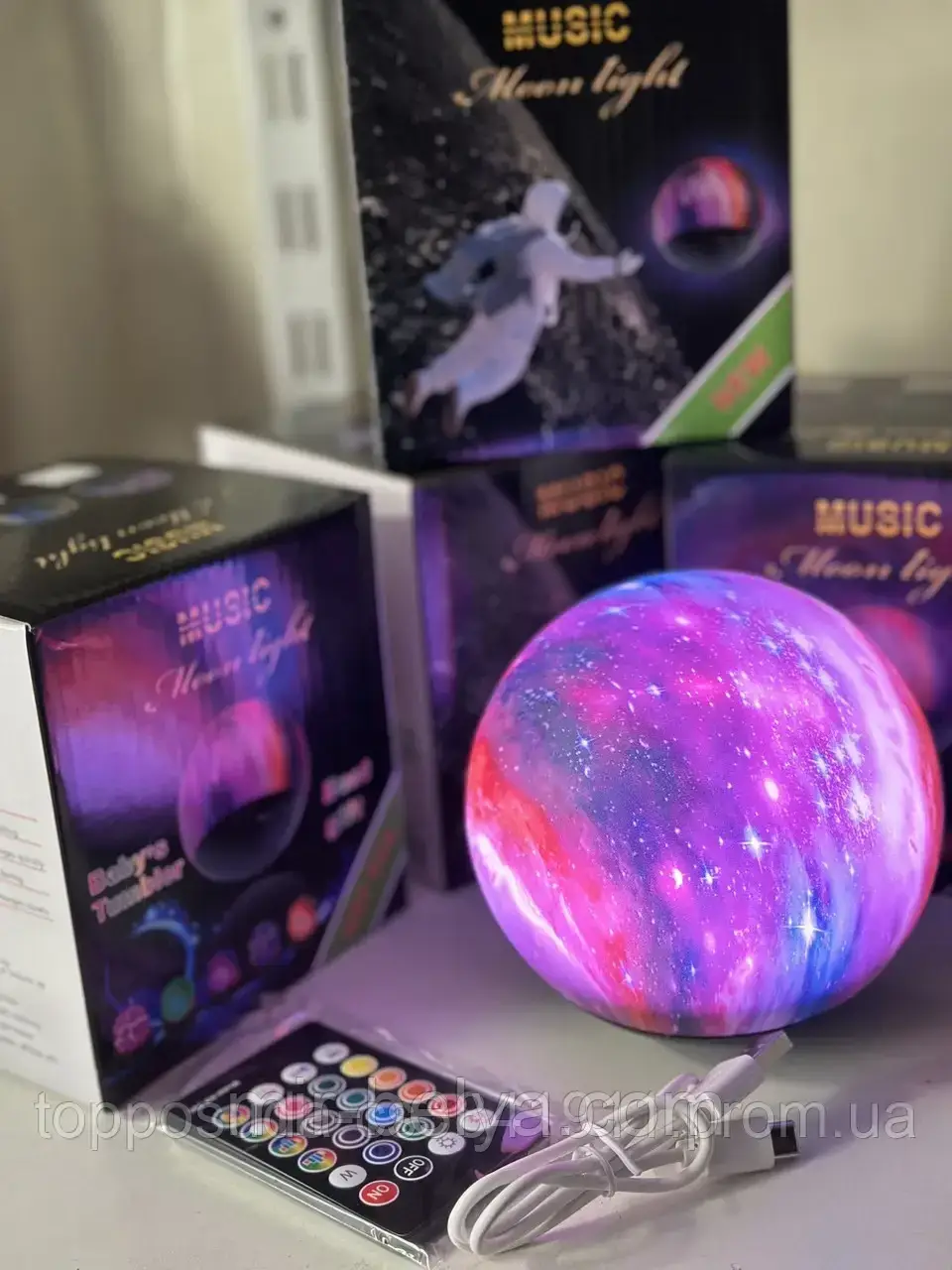 3D Місячна лампа ночник Космос зі звуком і пультом 16 кольорів 15 см діаметр USB зарядка, фото 1