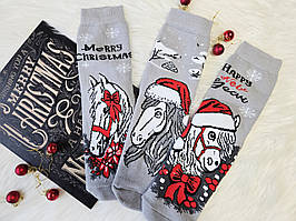 Жіночі шкарпетки махрові новорічні з бавовни НЛ асорті конячок