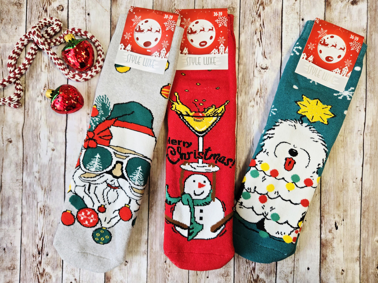 Женские носки махровые новогодние JNLEP 36-39  к-8 сніговик з бокалом,собачка,SANTA в окулярах