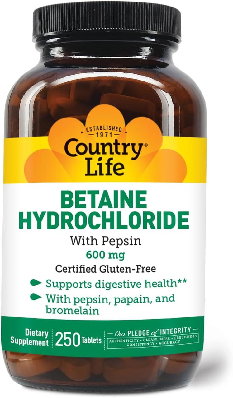 Country Life Betaine Hydrochloride with Pepsin 600 mg 250, фото 1