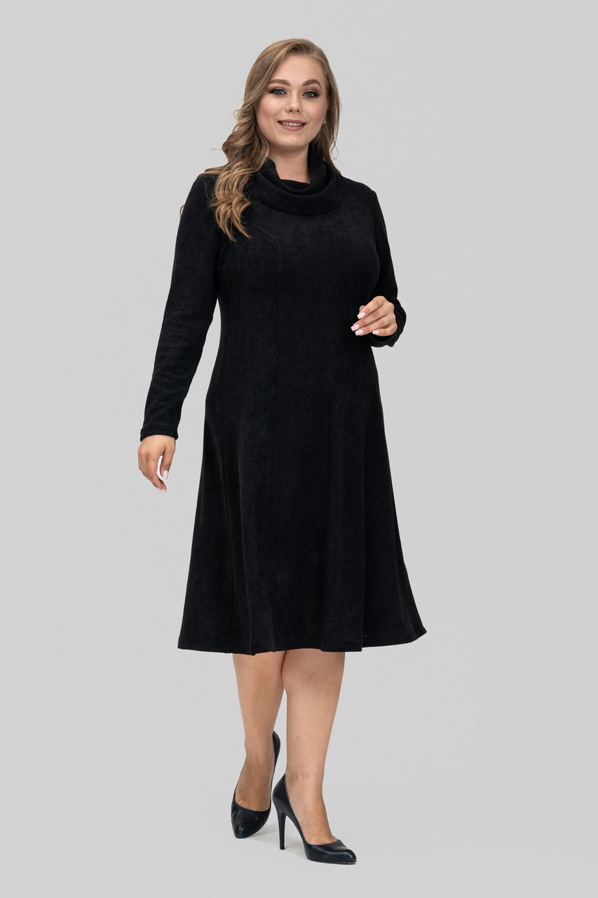 Сукня жіноча Венді трикотажна великих розмірів 50-60 з коміром-хомутом осінь-зима чорна, фото 1