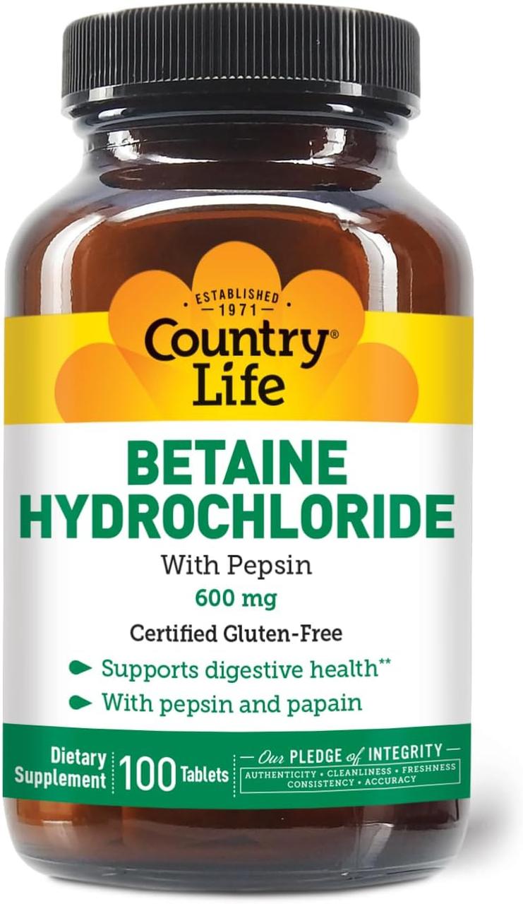 Country Life Betaine Hydrochloride with Pepsin 600 mg 100, фото 1