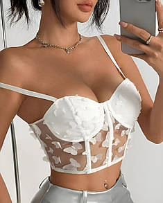 Жіночий топ-б`юстьє Метелик напівпрозорий з аплікацією на тонких бретелях білий S