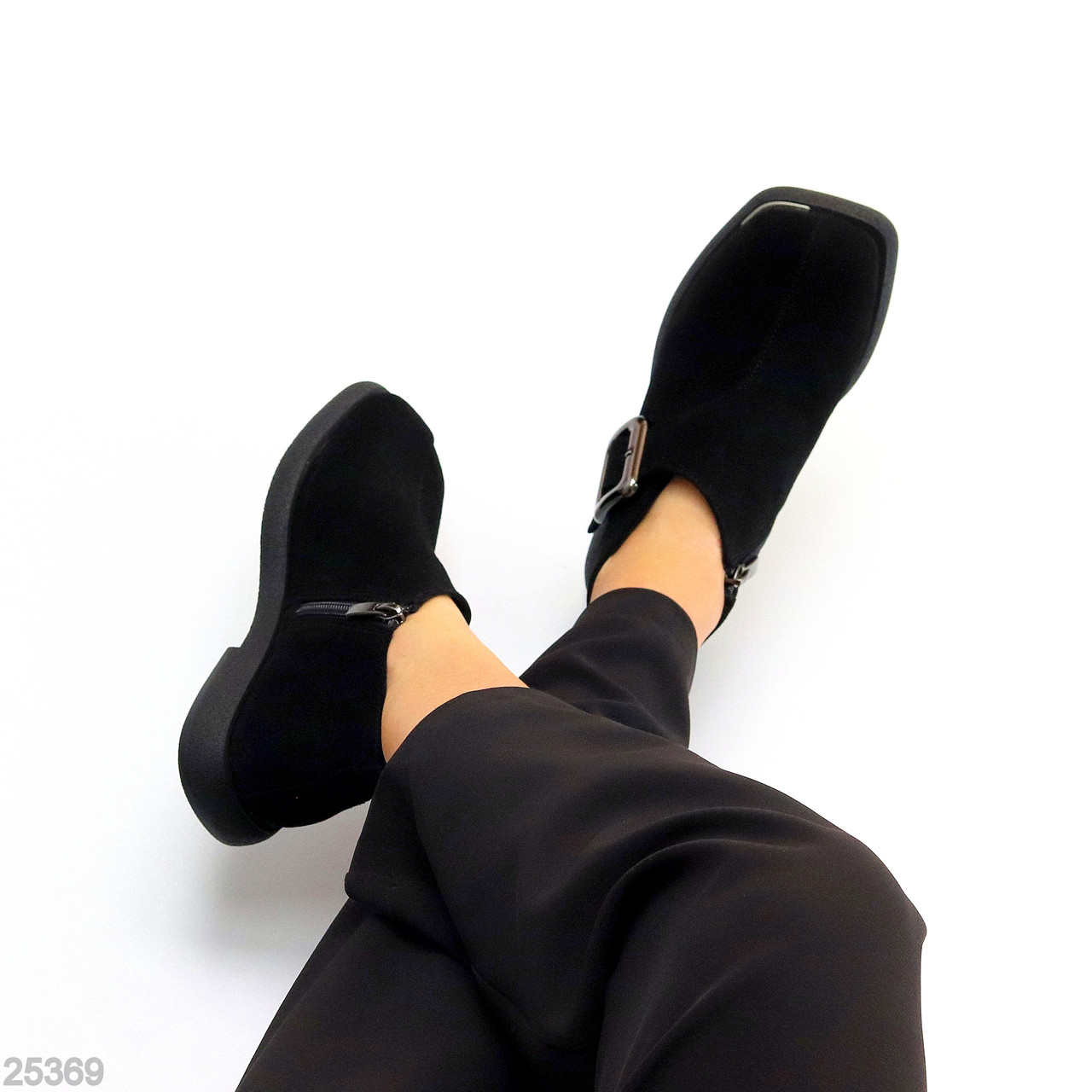 Дизайнерські чорні туфлі натуральна замша квадратний носик, фото 1