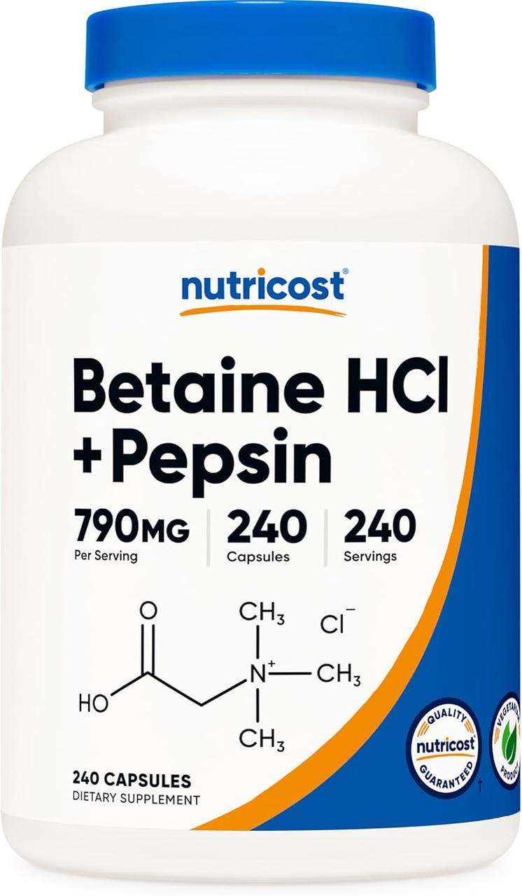 Nutricost Betaine HCl + Pepsin 240 Capsules, фото 1
