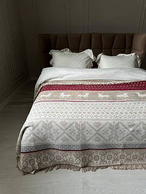 Плед з оленями бавовна Bonna Beige бежевий червоний 180х220см