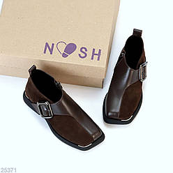 Дизайнерські шоколадні туфлі натуральна шкіра + замша квадратний носик