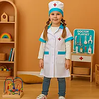 Костюм дитячий ігровий "Маленький лікар" білий / Халат та шапочка медичні карнавальні (6-7 років, 122-128 см)