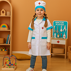 Костюм дитячий ігровий "Маленький лікар" білий / Халат та шапочка медичні карнавальні (6-7 років, 122-128 см)