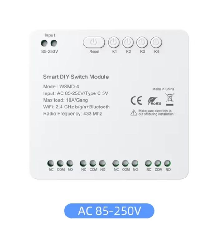 Розумне 4 канальне Wi-Fi RF реле 85-250 В Tuya Smart Life WSMD-4 сухий контакт, фото 1