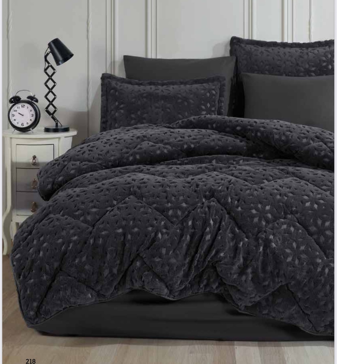 Постільний комплект Clasy плюшевий жакард із ковдрою і простирадлом на гумці євро розмір графіт, фото 1