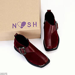 Дизайнерські бордові туфлі натуральна шкіра + замша квадратний носик