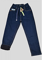 Теплі джинсові штани 128-176 см на флісі в школу хлопчику підлітку, прямі молодіжні без блискавки темно-синього кольору