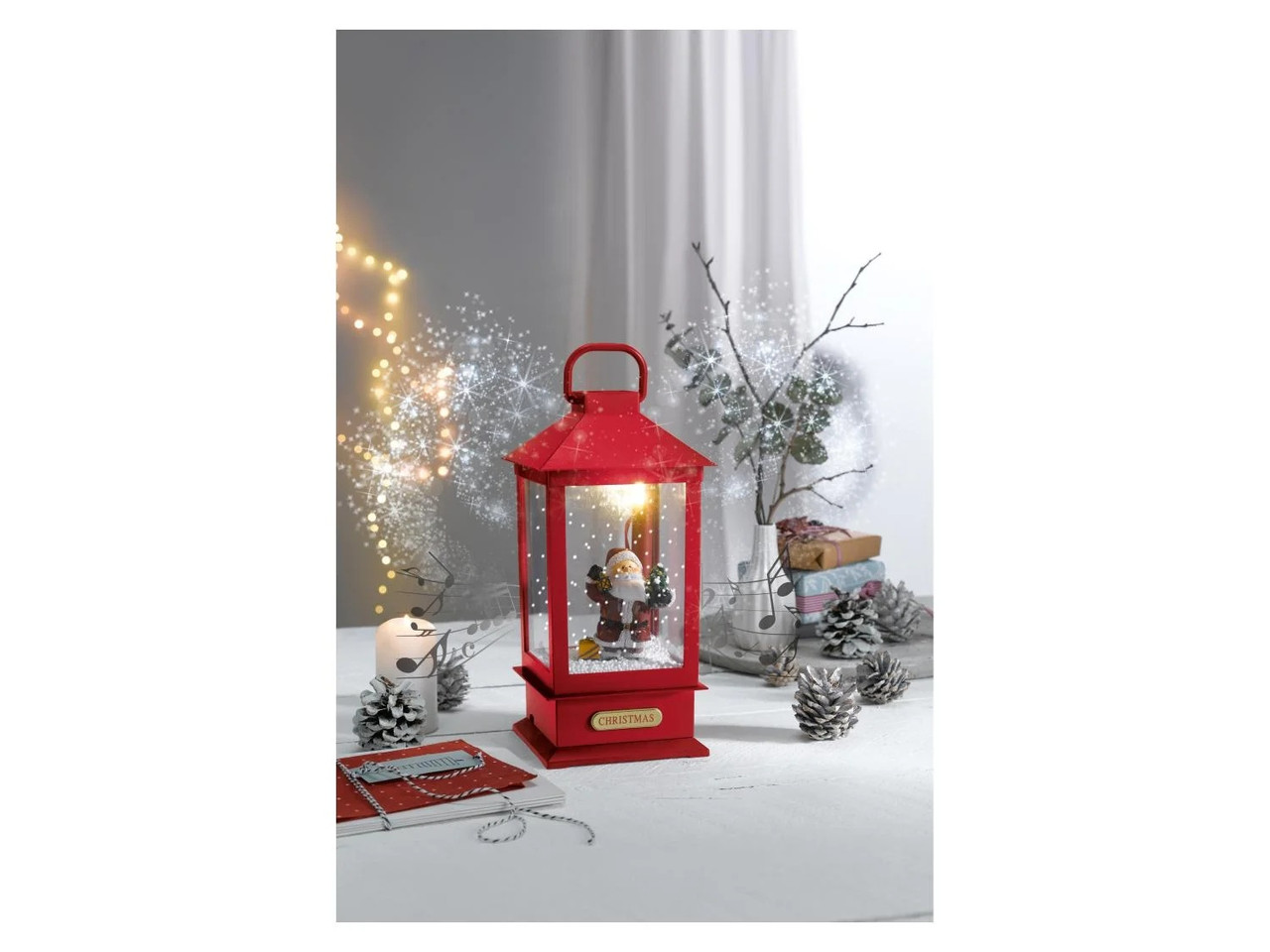 Новорічний ліхтар Санта Клаус з музикою і снігом Livarno Home 30 см, фото 1