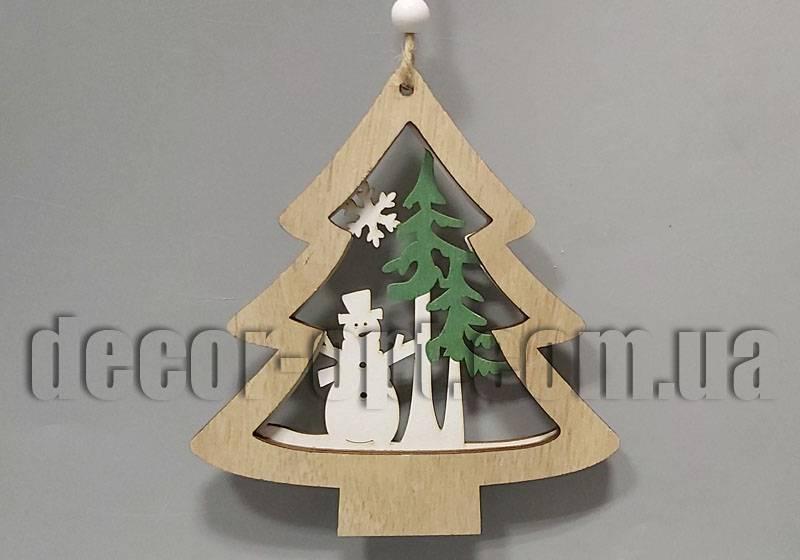 Дерев'яна підвіска Ель зі сніговиком 13х12см L00403