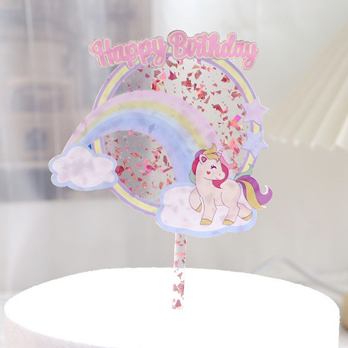 Топпер пластиковий Happy Birthday на ніжці ЄДИНОРІГ веселка