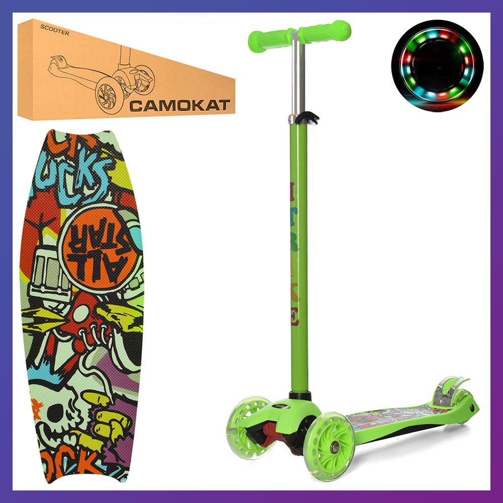 Дитячий міський самокат триколісний iTrike Maxi JR 3-055-1-GR з підсвіткою колеса з принтом, фото 1