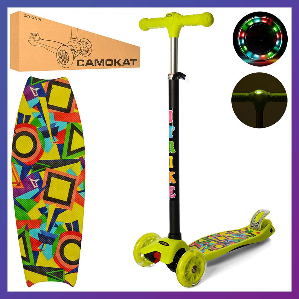 Дитячий міський самокат триколісний iTrike Maxi JR 3-055-GR1-L з підсвіткою колеса з принтом, фото 1