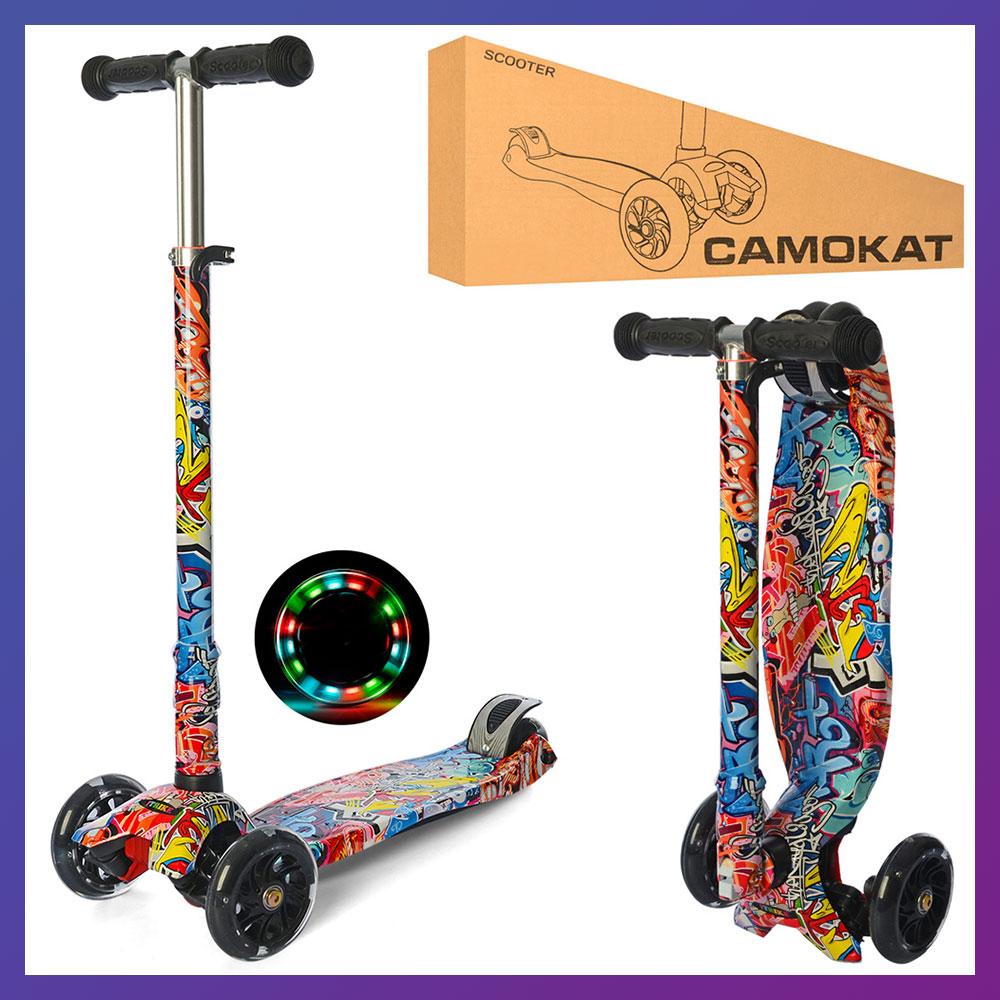 Дитячий міський самокат триколісний iTrike Maxi JR 3-055-WP8 з підсвіткою колеса з принтом, фото 1