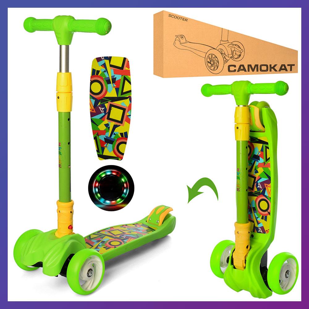 Дитячий міський самокат триколісний iTrike Maxi JR 3-060-11-GR з підсвіткою колеса Зелений з принтом, фото 1