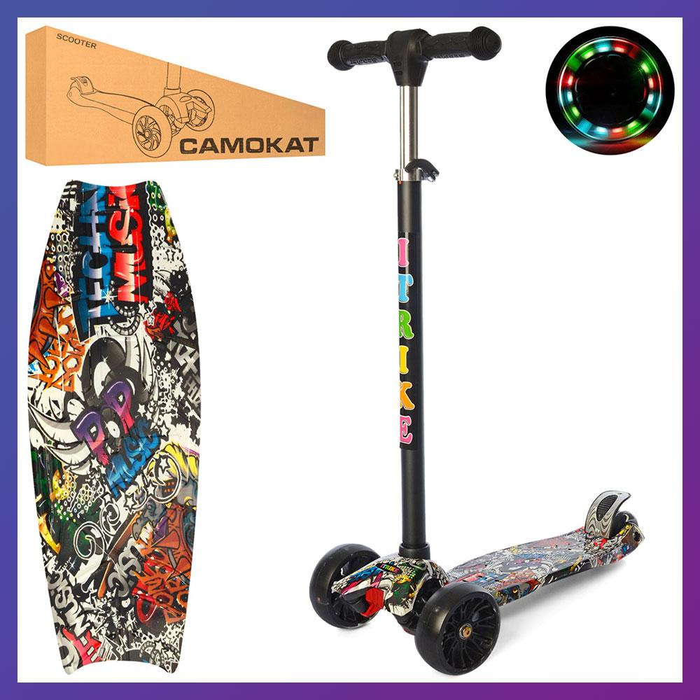 Дитячий міський самокат триколісний iTrike Maxi JR3-060-22-WP1 з підсвіткою колеса Чорний з принтом, фото 1