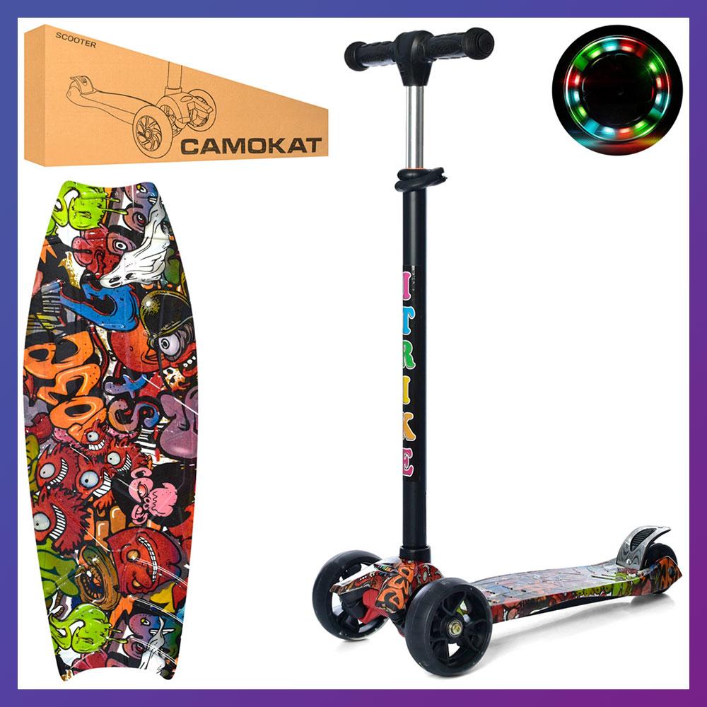 Дитячий міський самокат триколісний iTrike Maxi JR3-060-22-WP6 з підсвіткою колеса Чорний з принтом, фото 1