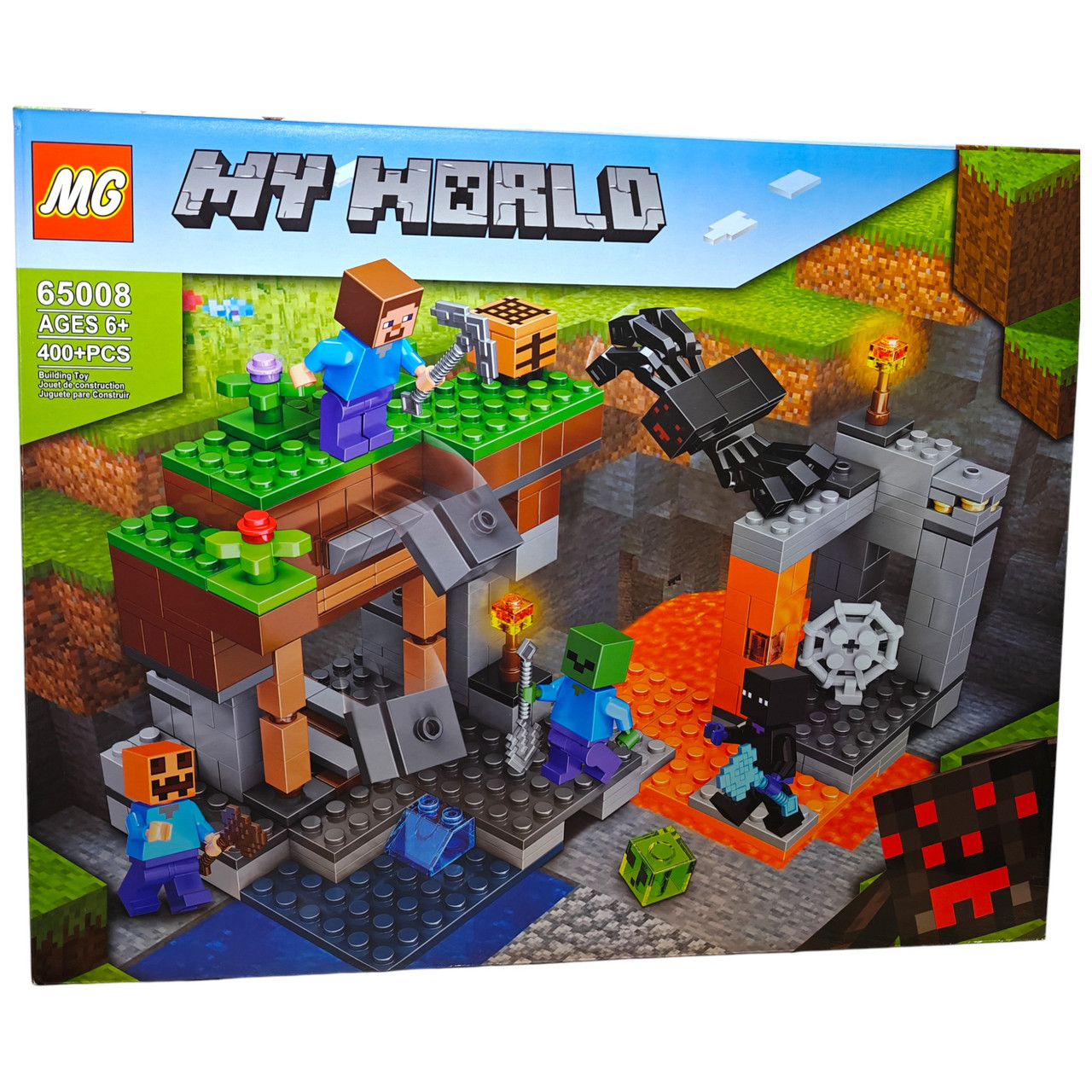 Конструктор майнкрафт занедбана шахта з лавою 400 деталей 65008, Стів, зомбі, павук, ендермен, слимак, фото 1