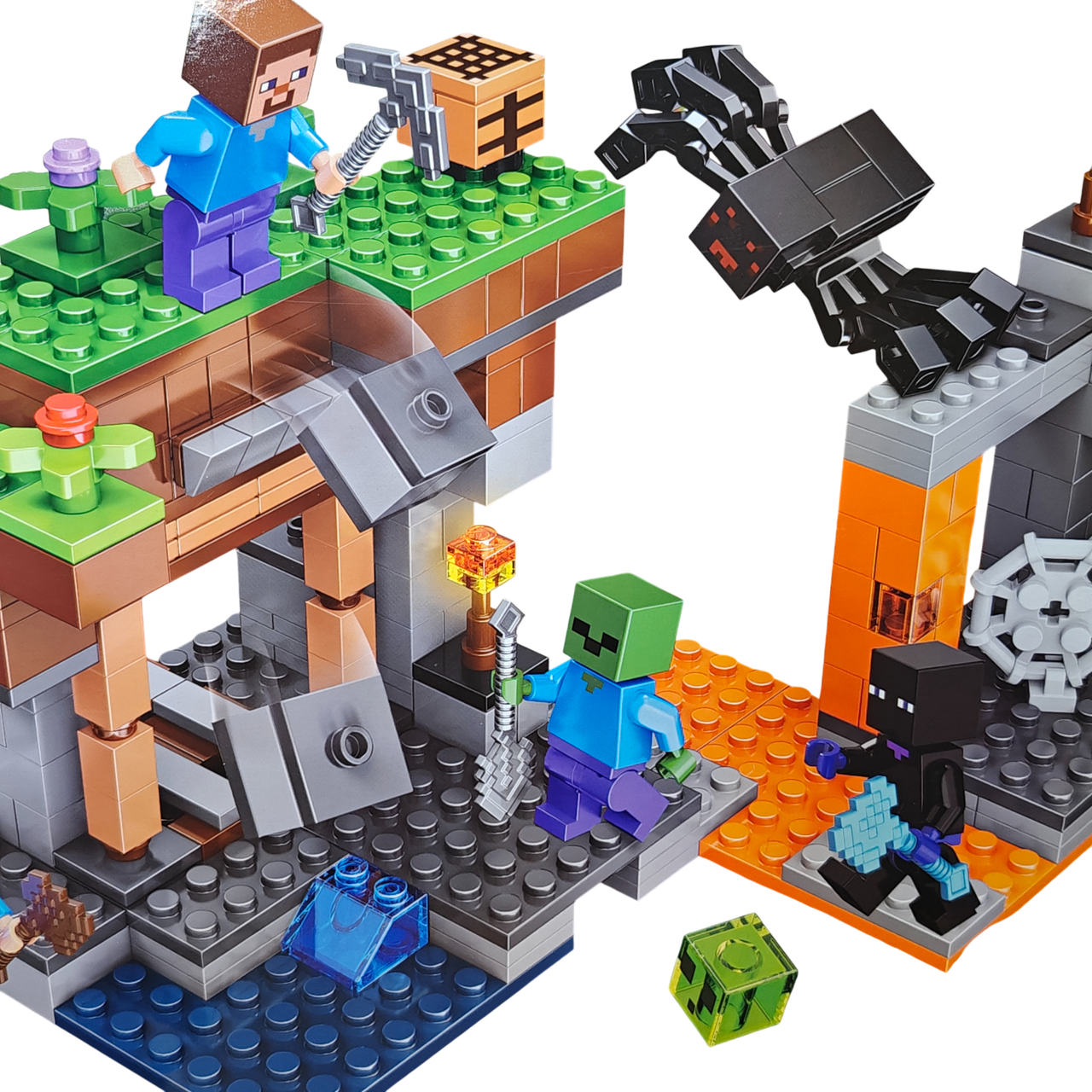 Конструктор Стів, зомбі та ендермен у шахті — сцена з Minecraft