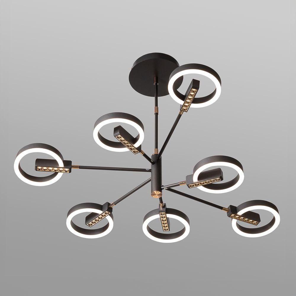 Люстра led стельова 7 кілець димер/пульт 3 режими світла 63Вт сіра з золотом