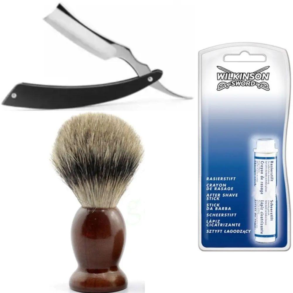 Небезпечна бритва/шавета розкладна Straight Razor + помазок SHIMA + кровоспинний олівець Wilkinson Sword After Shave Stick, фото 1