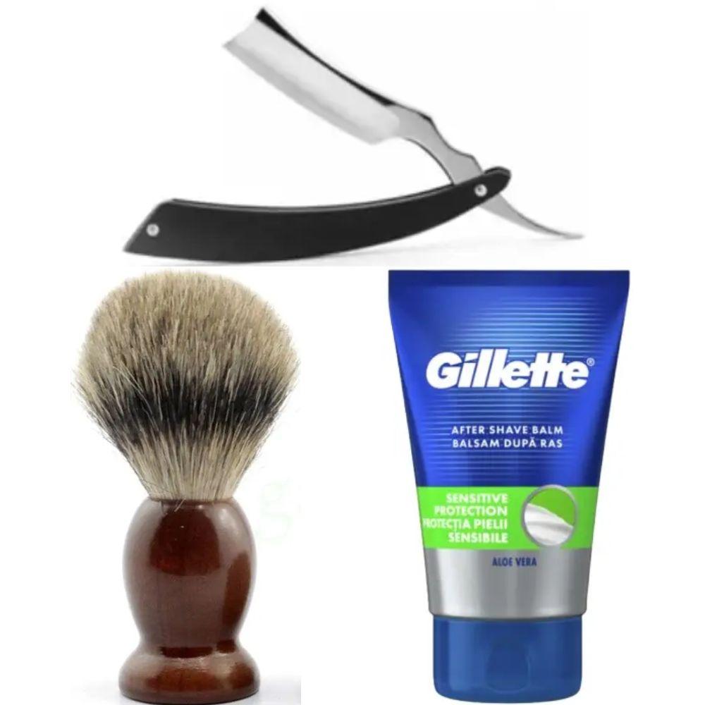 Небезпечна бритва/шавета розкладна Straight Razor + помазок SHIMA + бальзам після гоління Gillette Sensitive Protection, фото 1