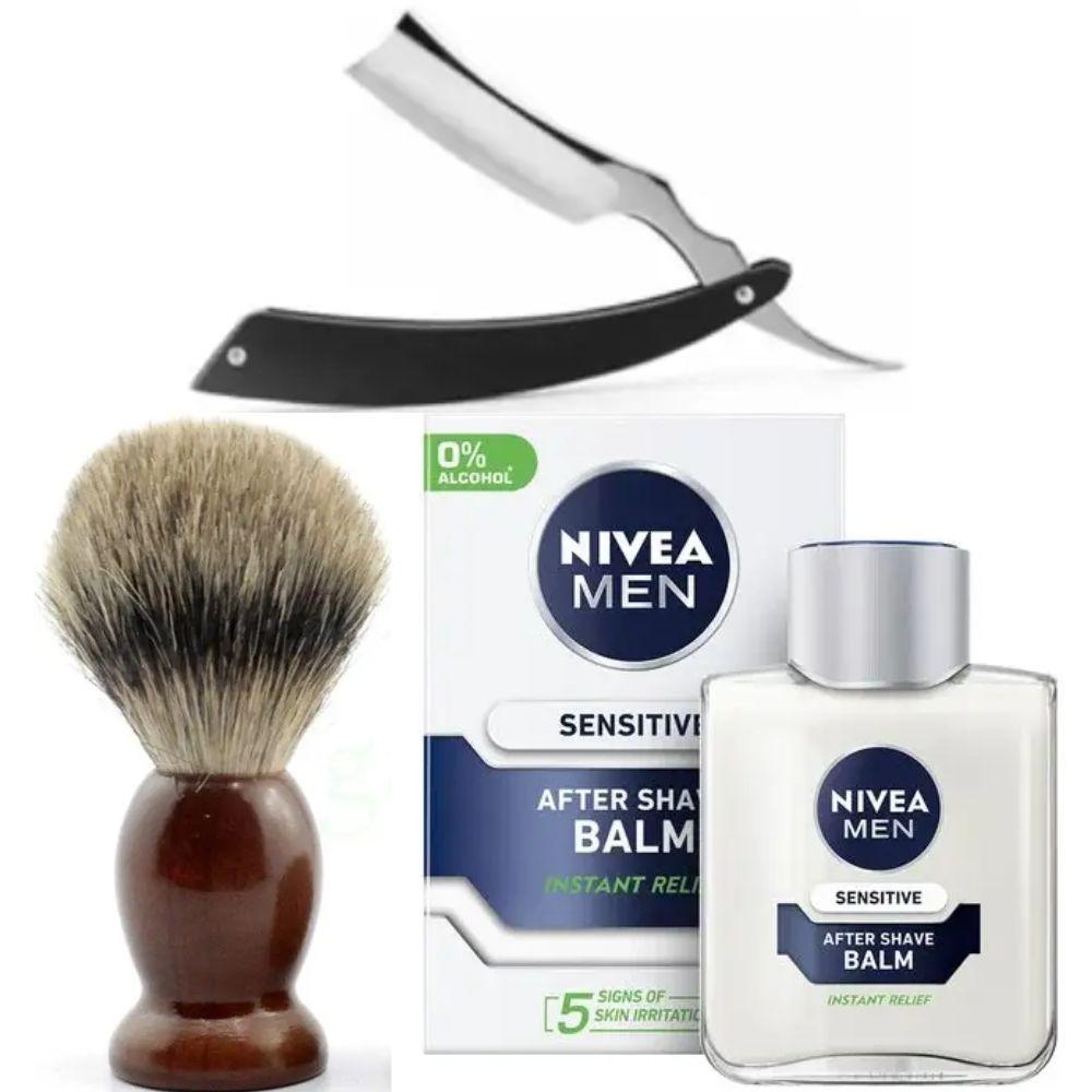 Небезпечна бритва/шавета розкладна Straight Razor + помазок SHIMA + бальзам після гоління Nivea Men Sensitivе 100 мл, фото 1