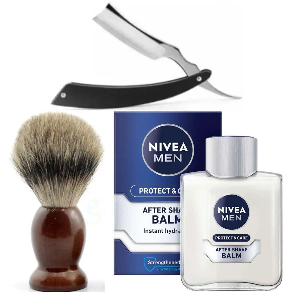 Небезпечна бритва/шавета розкладна Straight Razor + помазок SHIMA + бальзам після гоління Nivea Men Protect & Care 100 мл, фото 1