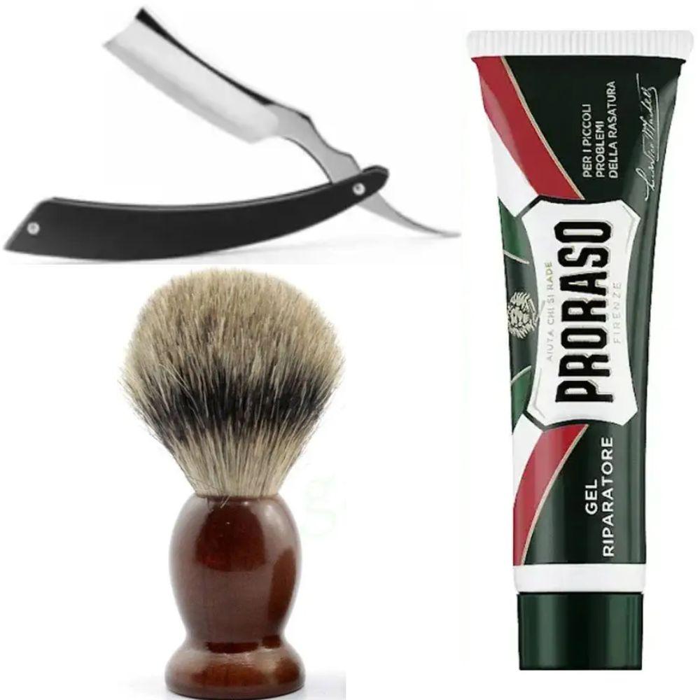 Небезпечна бритва/шавета розкладна Straight Razor + помазок SHIMA + гель від порізів Proraso Razor Cut Repair Gel, фото 1