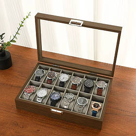 Скринька для зберігання годинників органайзер на 12 відділень дерев'яна з прозорим вікном, футляр органайзер для наручних